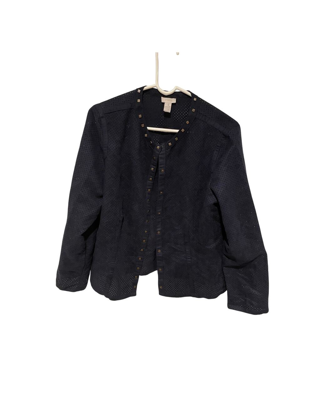 Chico’s navy long sleeve snap suede top/coat size 1 medium